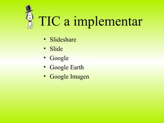 TIC a implementar Slideshare Slide Google Google Earth Google Imagen 