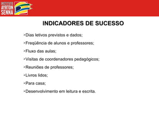 INDICADORES DE SUCESSO Dias letivos previstos e dados; Freqüência de alunos e professores; Fluxo das aulas; Visitas de coordenadores pedagógicos; Reuniões de professores; Livros lidos; Para casa; Desenvolvimento em leitura e escrita. 