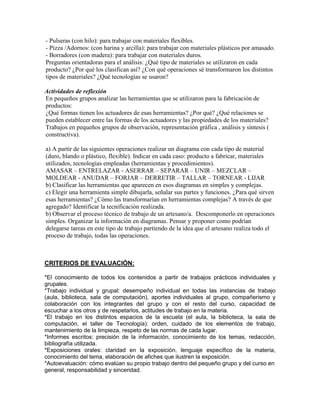 - Pulseras (con hilo): para trabajar con materiales flexibles.
- Pizza /Adornos: (con harina y arcilla): para trabajar con materiales plásticos por amasado.
- Borradores (con madera): para trabajar con materiales duros.
Preguntas orientadoras para el análisis: ¿Qué tipo de materiales se utilizaron en cada
producto? ¿Por qué los clasifican así? ¿Con qué operaciones sé transformaron los distintos
tipos de materiales? ¿Qué tecnologías se usaron?

Actividades de reflexión
En pequeños grupos analizar las herramientas que se utilizaron para la fabricación de
productos:
¿Qué formas tienen los actuadores de esas herramientas? ¿Por qué? ¿Qué relaciones se
pueden establecer entre las formas de los actuadores y las propiedades de los materiales?
Trabajos en pequeños grupos de observación, representación gráfica , análisis y síntesis (
constructiva).

a) A partir de las siguientes operaciones realizar un diagrama con cada tipo de material
(duro, blando o plástico, flexible). Indicar en cada caso: producto a fabricar, materiales
utilizados, tecnologías empleadas (herramientas y procedimientos).
AMASAR – ENTRELAZAR - ASERRAR – SEPARAR – UNIR – MEZCLAR –
MOLDEAR - ANUDAR – FORJAR – DERRETIR – TALLAR – TORNEAR - LIJAR
b) Clasificar las herramientas que aparecen en esos diagramas en simples y complejas.
c) Elegir una herramienta simple dibujarla, señalar sus partes y funciones. ¿Para qué sirven
esas herramientas? ¿Cómo las transformarían en herramientas complejas? A través de que
agregado? Identificar la tecnificación realizada.
b) Observar el proceso técnico de trabajo de un artesano/a. Descomponerlo en operaciones
simples. Organizar la información en diagramas. Pensar y proponer como podrían
delegarse tareas en este tipo de trabajo partiendo de la idea que el artesano realiza todo el
proceso de trabajo, todas las operaciones.



CRITERIOS DE EVALUACIÓN:

*El conocimiento de todos los contenidos a partir de trabajos prácticos individuales y
grupales.
*Trabajo individual y grupal: desempeño individual en todas las instancias de trabajo
(aula, biblioteca, sala de computación), aportes individuales al grupo, compañerismo y
colaboración con los integrantes del grupo y con el resto del curso, capacidad de
escuchar a los otros y de respetarlos, actitudes de trabajo en la materia.
*El trabajo en los distintos espacios de la escuela (el aula, la biblioteca, la sala de
computación, el taller de Tecnología): orden, cuidado de los elementos de trabajo,
mantenimiento de la limpieza, respeto de las normas de cada lugar.
*Informes escritos: precisión de la información, conocimiento de los temas, redacción,
bibliografía utilizada.
*Exposiciones orales: claridad en la exposición, lenguaje específico de la materia,
conocimiento del tema, elaboración de afiches que ilustren la exposición.
*Autoevaluación: cómo evalúan su propio trabajo dentro del pequeño grupo y del curso en
general, responsabilidad y sinceridad.
 