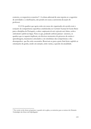 contexto, os respectivos conceitos14. A coluna adicional de notas reporta-se a sugestões
de actividades e a clarificações, não pondo em causa a autonomia da acção do
professor.

        3.3.2 Os quadros que agora estão em causa são organizados de acordo com o
conjunto de competências específicas estabelecidas no Currículo Nacional do Ensino Básico
para a disciplina de Português, a saber: compreensão do oral, expressão oral, leitura, escrita e
conhecimento explícito da língua. Note-se que, podendo embora parecer extensos, os
quadros que se seguem implicam, em diversos momentos do processo de ensino e
aprendizagem, tratamentos articulados e em simultâneo das competências e dos
desempenhos que lhe estão associados. Reservam-se para a parte final deste capítulo as
orientações de gestão, tendo em atenção, entre outras, a questão da anualidade.




14Na versão on-line destes programas e quando tal se aplica, as remissões para os termos do Dicionário
Terminológico são feitas com hiperligação.


                                                                                                     119
 