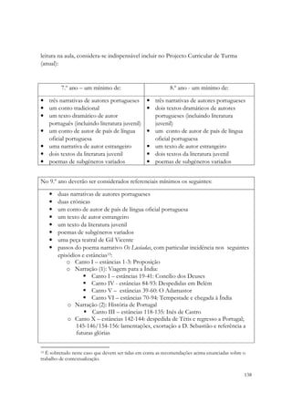 leitura na aula, considera-se indispensável incluir no Projecto Curricular de Turma
(anual):


          7.º ano – um mínimo de:                           8.º ano - um mínimo de:

• três narrativas de autores portugueses         • três narrativas de autores portugueses
• um conto tradicional                           • dois textos dramáticos de autores
• um texto dramático de autor                      portugueses (incluindo literatura
  português (incluindo literatura juvenil)         juvenil)
• um conto de autor de país de língua            • um conto de autor de país de língua
  oficial portuguesa                               oficial portuguesa
• uma narrativa de autor estrangeiro             • um texto de autor estrangeiro
• dois textos da literatura juvenil              • dois textos da literatura juvenil
• poemas de subgéneros variados                  • poemas de subgéneros variados


No 9.º ano deverão ser considerados referenciais mínimos os seguintes:

     •   duas narrativas de autores portugueses
     •   duas crónicas
     •   um conto de autor de país de língua oficial portuguesa
     •   um texto de autor estrangeiro
     •   um texto da literatura juvenil
     •   poemas de subgéneros variados
     •   uma peça teatral de Gil Vicente
     •   passos do poema narrativo Os Lusíadas, com particular incidência nos seguintes
         episódios e estâncias15:
             o Canto I – estâncias 1-3: Proposição
             o Narração (1): Viagem para a Índia:
                       Canto I – estâncias 19-41: Concílio dos Deuses
                       Canto IV - estâncias 84-93: Despedidas em Belém
                       Canto V – estâncias 39-60: O Adamastor
                       Canto VI – estâncias 70-94: Tempestade e chegada à Índia
             o Narração (2): História de Portugal
                        Canto III – estâncias 118-135: Inês de Castro
             o Canto X – estâncias 142-144: despedida de Tétis e regresso a Portugal;
                145-146/154-156: lamentações, exortação a D. Sebastião e referência a
                futuras glórias


15 É sobretudo neste caso que devem ser tidas em conta as recomendações acima enunciadas sobre o
trabalho de contextualização.


                                                                                               138
 