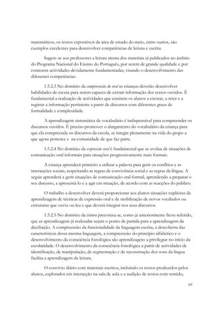 matemáticos, os textos expositivos da área de estudo do meio, entre outros, são
exemplos excelentes para desenvolver competências de leitura e escrita.

       Sugere-se aos professores a leitura atenta dos materiais já publicados no âmbito
do Programa Nacional do Ensino do Português, por serem de grande qualidade e por
conterem actividades devidamente fundamentadas, visando o desenvolvimento das
diferentes competências.

        1.5.2.3 No domínio da compreensão do oral as crianças deverão desenvolver
habilidades de escuta para serem capazes de extrair informação dos textos ouvidos. É
fundamental a realização de actividades que ensinem os alunos a escutar, a reter e a
registar a informação pertinente a partir de discursos com diferentes graus de
formalidade e complexidade.

       A aprendizagem sistemática de vocabulário é indispensável para compreender os
discursos ouvidos. É preciso promover o alargamento do vocabulário da criança para
que ela compreenda os discursos da escola, se integre plenamente na vida do grupo a
que agora pertence e na comunidade de que faz parte.

     1.5.2.4 No domínio da expressão oral é fundamental que se evolua de situações de
comunicação oral informais para situações progressivamente mais formais.

        A criança aprenderá primeiro a utilizar a palavra para gerir os conflitos e as
interacções sociais, respeitando as regras de convivência social e as regras da língua. A
seguir aprenderá a gerir situações de comunicação oral formal, aprendendo a preparar o
seu discurso, a apresentá-lo e a agir em situação, de acordo com as reacções do público.

       O trabalho a desenvolver deverá proporcionar aos alunos situações explícitas de
aprendizagem de técnicas de expressão oral e de mobilização de novos vocábulos ou
estruturas que ouviu ou leu e que deverá integrar nos seus discursos.

         1.5.2.5 No domínio da leitura preconiza-se, como já anteriormente ficou referido,
que as aprendizagens já realizadas sejam o ponto de partida para a aprendizagem da
decifração. A compreensão da funcionalidade da linguagem escrita, a descoberta das
características dessa mesma linguagem, a compreensão do princípio alfabético e o
desenvolvimento da consciência fonológica são aprendizagens a privilegiar no início da
escolaridade. O desenvolvimento da consciência fonológica a partir de actividades de
identificação, de manipulação, de segmentação e de reconstrução dos sons da língua
facilita a aprendizagem da leitura.

       O convívio diário com materiais escritos, incluindo os textos produzidos pelos
alunos, explorados em interacção na sala de aula e a audição de textos com sentido,

                                                                                        69
 