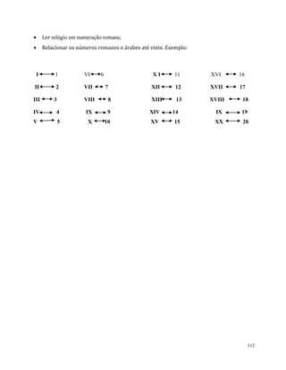 112
 Ler relógio em numeração romana;
 Relacionar os números romanos e árabes até vinte. Exemplo:
I 1 VI 6 X I 11 XVI 16
II 2 VII 7 XII 12 XVII 17
III 3 VIII 8 XIII 13 XVIII 18
IV 4 IX 9 XIV 14 IX 19
V 5 X 10 XV 15 XX 20
 