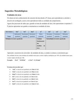 173
Sugestões Metodológicas
Unidades de área
Os alunos já tem conhecimento de conceito de área desde a 4ª classe, pois aprenderam a calcular a
área de um rectângulo, assim como aprenderam todas as unidades de comprimento .
Agora eles precisam de saber que, quando se trata de unidades de área, elas apresentam o expoente 2.
É preciso apresentar um quadro a sistematizar as unidades de área:
Abreviatura Km2
hm2
dam2
m2
dm2
cm2
mm2
Nome
Quilometro
quadrado
Hectómetro
quadrado
Decâmetro
quadrado
Metro
quadrado
Decímetro
quadrado
Centímetro
quadrado
Milímetro
quadrado
Múltiplos do metro quadrado Unidade
fundamental
das
medidas de
área
Submúltiplos do metro quadrado
Apresente exercícios de conversão de unidades de área, e conduz os alunos a concluirem que:
Nas unidades de área, uma mudança da unidade maior para a menor implica multiplicar por 100 e da unidade menor para
a maior implica dividir por 100.
Exemplo: 34 m2 =
34 00 dm2
e 34 m2
= 0, 34 dam2
Os alunos devem saber que:
 1 km2
é a área de um quadrado com 1km de lado.
 1 hm2
é a área de um quadrado com 1hm de lado.
 1dam2
é a área de um quadrado com 1dam de lado.
 1m2
é a área e de um quadrado com 1m de lado.
 1dm2
é a área de um quadrado com 1dm de lado.
 1cm2
é a área de um quadrado com 1cm de lado.
 1mm2
é a área de um quadrado com 1mm de lado.
 