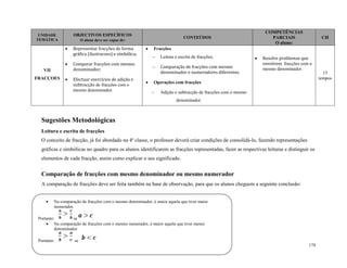 178
Sugestões Metodológicas
Leitura e escrita de fracções
O conceito de fracção, já foi abordado na 4ª classe, o professor deverá criar condições de consolidá-lo, fazendo representações
gráficas e simbólicas no quadro para os alunos identificarem as fracções representadas, fazer as respectivas leituras e distinguir os
elementos de cada fracção, assim como explicar o seu significado.
.
Comparação de fracções com mesmo denominador ou mesmo numerador
A comparação de fracções deve ser feita também na base de observação, para que os alunos cheguem a seguinte conclusão:
UNIDADE
TEMÁTICA
OBJECTIVOS ESPECÍFICOS
O aluno deve ser capaz de:
CONTEÚDOS
COMPETÊNCIAS
PARCIAIS
O aluno:
CH
VII
FRACÇOES
 Representar fracções de forma
gráfica (ilustracoes) e simbólica;
 Comparar fracções com mesmo
denominador;
 Efectuar exercícios de adição e
subtracção de fracções com o
mesmo denominador.
 Fracções
 Leitura e escrita de fracções;
 Comparação de fracções com mesmo
denominador e numeradores diferentes.
 Operações com fracções
 Adição e subtracção de fracções com o mesmo
denominador.
 Resolve problemas que
envolvem fracções com o
mesmo denominador.
15
tempos
 Na comparação de fracções com o mesmo denominador, é maior aquela que tiver maior
numerador.
Portanto: se .
 Na comparação de fracções com o mesmo numerador, é maior aquela que tiver menor
denominador.
Portanto: se .
 