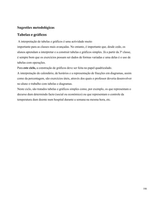 186
Sugestões metodológicas
Tabelas e gráficos
A interpretação de tabelas e gráficos é uma actividade muito
importante para as classes mais avançadas. No entanto, é importante que, desde cedo, os
alunos aprendam a interpretar e a construir tabelas e gráficos simples. Já a partir da 3ª classe,
é sempre bom que os exercícios possam ser dados de formas variadas e uma delas é o uso de
tabelas com operações.
Para este ciclo, a construção de gráficos deve ser feita no papel quadriculado.
A interpretação do calendário, de horários e a representação de fracções em diagramas, assim
como da percentagem, são exercícios úteis, através dos quais o professor deveria desenvolver
no aluno o trabalho com tabelas e diagramas.
Neste ciclo, são tratados tabelas e gráficos simples como, por exemplo, os que representam o
decurso dum determindo facto (social ou económico) ou que representam o controle da
temperatura dum doente num hospital durante a semana na mesma hora, etc.
 