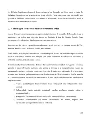 235
As Ciências Sociais contribuem de forma substancial na formação patriótica, moral e cívica do
indivíduo. Pretende-se que se construa de forma colectiva “uma maneira de estar no mundo” que
permita ao indivíduo reconhecer-se e reconhecer o seu mundo, reconciliar-se com ele e sentir a
necessidade de conviver com os outros.
3. A abordagem transversal da educação moral e cívica
Apesar de se apresentar neste programa a proposta de tratamento de conteúdos de formação cívica e
patriótica, é de realçar que estes não devem ser limitados à área de Ciências Sociais. Estes
pressupostos deverão guiar a abordagem transversal noutras áreas.
O tratamento dos valores e princípios mencionados a seguir deve ter em conta os âmbitos Eu/ Tu,
Família, Bairro/ Aldeia/Localidade, Distrito, País/ Mundo.
Neste sentido, a abordagem transversal de valores deve partir de uma discussão virada para o sentido
ético da convivência humana, suas relações com várias dimensões da vida social, tais como, o
ambiente, a cultura, a sexualidade e a saúde.
Constituem objectivos fundamentais do nosso País: construir uma sociedade livre, justa e solidária;
garantir o desenvolvimento nacional; lutar contra a pobreza e a marginalização; reduzir as
desigualdades sociais e regionais; promover o bem-estar de todos, sem preconceito de origem, raça,
crenças, sexo, idade ou quaisquer outras formas de discriminação. Neste contexto, a família, a escola
e a comunidade devem ser envolvidas na construção de uma convivência harmoniosa, com base nos
seguintes valores:
1) Vida Sã (saúde/higiene, desenvolvimento físico e intelectual, auto-conhecimento e auto-
estima);
2) Solidariedade (apoio material, emocional, partilha, confiança, respeito mútuo e
responsabilidade);
3) Cooperação/ Co-responsabilidade (colaboração, responsabilidade e compromisso);
4) Tolerância (conhecimento dos outros, conhecimento das normas, respeito pela
diversidade, resolução não violenta de conflitos).
 