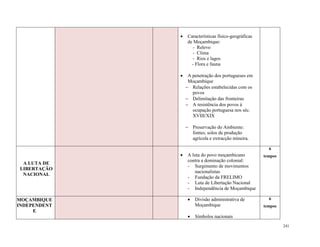 241
 Características físico-geográficas
de Moçambique:
- Relevo
- Clima
- Rios e lagos
- Flora e fauna
 A penetração dos portugueses em
Moçambique
 Relações estabelecidas com os
povos
 Delimitação das fronteiras
 A resistência dos povos à
ocupação portuguesa nos séc.
XVIII/XIX
 Preservação do Ambiente:
fontes; solos de produção
agrícola e extracção mineira.
A LUTA DE
LIBERTAÇÃO
NACIONAL
 A luta do povo moçambicano
contra a dominação colonial:
- Surgimento de movimentos
nacionalistas
- Fundação da FRELIMO
- Luta de Libertação Nacional
- Independência de Moçambique
6
tempos
MOÇAMBIQUE
INDEPENDENT
E
 Divisão administrativa de
Moçambique
 Símbolos nacionais
6
tempos
 
