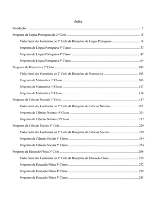 Índice
Introdução ....................................................................................................................................................... 5
Programa de Língua Portuguesa do 2º Ciclo ................................................................................................ 15
Visão Geral dos Conteúdos do 2º Ciclo da Disciplina de Língua Portuguesa .................................... 18
Porgrama de Língua Portuguesa 3ª Classe .......................................................................................... 33
Programa de Língua Portuguesa 4ª Classe ...........................................................................................47
Programa de Língua Portuguesa 5ª Classe ...........................................................................................64
Programa de Matemática 3º Ciclo .............................................................................................................. 100
Visão Geral dos Conteúdos do 2º Ciclo da Disciplina de Matemática ............................................. 103
Programa de Matemática 3ª Classe ....................................................................................................106
Programa de Matemática 4ª Classe ....................................................................................................127
Programa de Matemática 5ª Classe ................................................................................................... 154
Programa de Ciências Naturais 3º Ciclo ......................................................................................................187
Visão Geral dos Conteúdos do 2º Ciclo da Disciplina de Ciências Naturais ................................... 197
Programa de Ciências Naturais 4ª Classe .......................................................................................... 201
Programa de Ciências Naturais 5ª Classe .......................................................................................... 217
Programa de Ciências Sociais 3º Ciclo ........................................................................................................229
Visão Geral dos Conteúdos do 2º Ciclo da Disciplina de Ciências Sociais ...................................... 239
Programa de Ciências Sociais 4ª Classe ............................................................................................ 244
Programa de Ciências Sociais 5ª Classe .............................................................................................254
Programa de Educação Física 3º Cíclo ........................................................................................................268
Visão Geral dos Conteúdos do 2º Ciclo da Disciplina de Educação Física ...................................... 270
Programa de Educação Física 3ª Classe ............................................................................................ 272
Programa de Educação Física 4ª Classe ............................................................................................ 278
Programa de Educação Física 5ª Classe .............................................................................................281
 