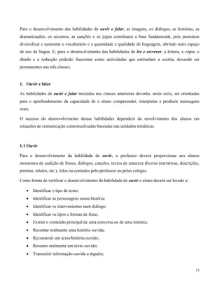 77
Para o desenvolvimento das habilidades de ouvir e falar, as imagens, os diálogos, as histórias, as
dramatizações, os recontos, as canções e os jogos constituem a base fundamental, pois permitem
diversificar e aumentar o vocabulário e a quantidade e qualidade de linguagem, abrindo mais espaço
de uso da língua. E, para o desenvolvimento das habilidades de ler e escrever, a leitura, a cópia, o
ditado e a redacção poderão funcionar como actividades que estimulam a escrita, devendo ser
permanentes nas três classes.
1. Ouvir e falar
As habilidades de ouvir e falar iniciadas nas classes anteriores deverão, neste ciclo, ser orientadas
para o aprofundamento da capacidade de o aluno compreender, interpretar e produzir mensagens
orais.
O sucesso do desenvolvimento destas habilidades dependerá do envolvimento dos alunos em
situações de comunicação contextualizadas baseadas nas unidades temáticas.
1.1 Ouvir
Para o desenvolvimento da habilidade de ouvir, o professor deverá proporcionar aos alunos
momentos de audição de frases, diálogos, canções, textos de natureza diversa (narrativas, descrições,
poemas, relatos, etc.), lidos ou contados pelo professor ou pelos colegas.
Como forma de verificar o desenvolvimento da habilidade de ouvir o aluno deverá ser levado a:
 Identificar o tipo de texto;
 Identificar as personagens numa história;
 Identificar os intervenientes num diálogo;
 Identificar os tipos e formas de frase;
 Extrair o conteúdo principal de uma conversa ou de uma história;
 Recontar oralmente uma história ouvida;
 Reconstruir um texto/história ouvido;
 Resumir oralmente um texto ouvido;
 Transmitir informação ouvida a alguém;
 