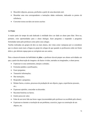 78
 Descobrir objectos, pessoas, profissões a partir de uma descrição oral;
 Desenhar uma rota correspondente a instruções dadas oralmente, indicando os pontos de
referência;
 Converter textos ouvidos em textos escritos
1.2 Falar
A maior parte do tempo da aula dedicado à oralidade deve ser dado ao aluno para falar. Deve-se,
portanto, criar oportunidades para o aluno dialogar, fazer perguntas e responder a perguntas
formuladas tanto pelo professor como pelos seus colegas.
Tarefas realizadas em grupos de dois ou mais alunos, são vistas como vantajosas por se considerar
que os alunos usam mais a língua no grupo de colegas do que quando os professores estão em frente
deles e, por abrirem espaço para se corrigirem uns aos outros.
Para o desenvolvimento da habilidade de falar, o professor deverá propor aos alunos actividades em
que, a partir da observação de imagens e de factos vividos, narrados ou imaginados, o aluno possa:
 Expressar os seus sentimentos, desejos e atitudes;
 Formular pedidos e justificações;
 Fazer perguntas;
 Transmitir informações;
 Dar instruções;
 Responder a perguntas;
 Relatar factos, eventos, processos de produção de um objecto, jogos, experiências pessoais,
etc.;
 Expressar opiniões, concordar ou discordar;
 Recontar histórias ou factos;
 Emitir juízos de valor;
 Falar de um texto lido nas horas vagas (recomendado pelo professor ou escolhido pelo aluno);
 Expressar-se durante a resolução de um problema, exercício, jogos ou construção de um
objecto, etc.
 
