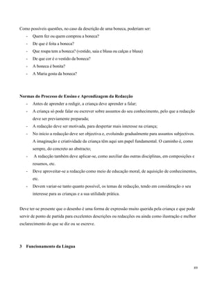 89
Como possíveis questões, no caso da descrição de uma boneca, poderiam ser:
- Quem fez ou quem comprou a boneca?
- De que é feita a boneca?
- Que roupa tem a boneca? (vestido, saia e blusa ou calças e blusa)
- De que cor é o vestido da boneca?
- A boneca é bonita?
- A Maria gosta da boneca?
Normas do Processo de Ensino e Aprendizagem da Redacção
- Antes de aprender a redigir, a criança deve aprender a falar;
- A criança só pode falar ou escrever sobre assuntos do seu conhecimento, pelo que a redacção
deve ser previamente preparada;
- A redacção deve ser motivada, para despertar mais interesse na criança;
- No início a redacção deve ser objectiva e, evoluindo gradualmente para assuntos subjectivos.
A imaginação e criatividade da criança têm aqui um papel fundamental. O caminho é, como
sempre, do concreto ao abstracto;
- A redacção também deve aplicar-se, como auxiliar das outras disciplinas, em composições e
resumos, etc.
- Deve aproveitar-se a redacção como meio de educação moral, de aquisição de conhecimentos,
etc.
- Devem variar-se tanto quanto possível, os temas de redacção, tendo em consideração o seu
interesse para as crianças e a sua utilidade prática.
Deve ter-se presente que o desenho é uma forma de expressão muito querida pela criança e que pode
servir de ponto de partida para excelentes descrições ou redacções ou ainda como ilustração e melhor
esclarecimento do que se diz ou se escreve.
3 Funcionamento da Língua
 