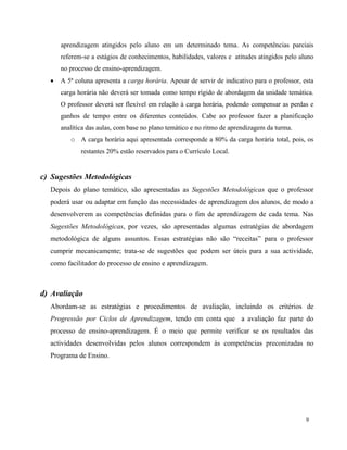 9
aprendizagem atingidos pelo aluno em um determinado tema. As competências parciais
referem-se a estágios de conhecimentos, habilidades, valores e atitudes atingidos pelo aluno
no processo de ensino-aprendizagem.
 A 5ª coluna apresenta a carga horária. Apesar de servir de indicativo para o professor, esta
carga horária não deverá ser tomada como tempo rígido de abordagem da unidade temática.
O professor deverá ser flexível em relação à carga horária, podendo compensar as perdas e
ganhos de tempo entre os diferentes conteúdos. Cabe ao professor fazer a planificação
analítica das aulas, com base no plano temático e no ritmo de aprendizagem da turma.
o A carga horária aqui apresentada corresponde a 80% da carga horária total, pois, os
restantes 20% estão reservados para o Currículo Local.
c) Sugestões Metodológicas
Depois do plano temático, são apresentadas as Sugestões Metodológicas que o professor
poderá usar ou adaptar em função das necessidades de aprendizagem dos alunos, de modo a
desenvolverem as competências definidas para o fim de aprendizagem de cada tema. Nas
Sugestões Metodológicas, por vezes, são apresentadas algumas estratégias de abordagem
metodológica de alguns assuntos. Essas estratégias não são “receitas” para o professor
cumprir mecanicamente; trata-se de sugestões que podem ser úteis para a sua actividade,
como facilitador do processo de ensino e aprendizagem.
d) Avaliação
Abordam-se as estratégias e procedimentos de avaliação, incluindo os critérios de
Progressão por Ciclos de Aprendizagem, tendo em conta que a avaliação faz parte do
processo de ensino-aprendizagem. É o meio que permite verificar se os resultados das
actividades desenvolvidas pelos alunos correspondem às competências preconizadas no
Programa de Ensino.
 