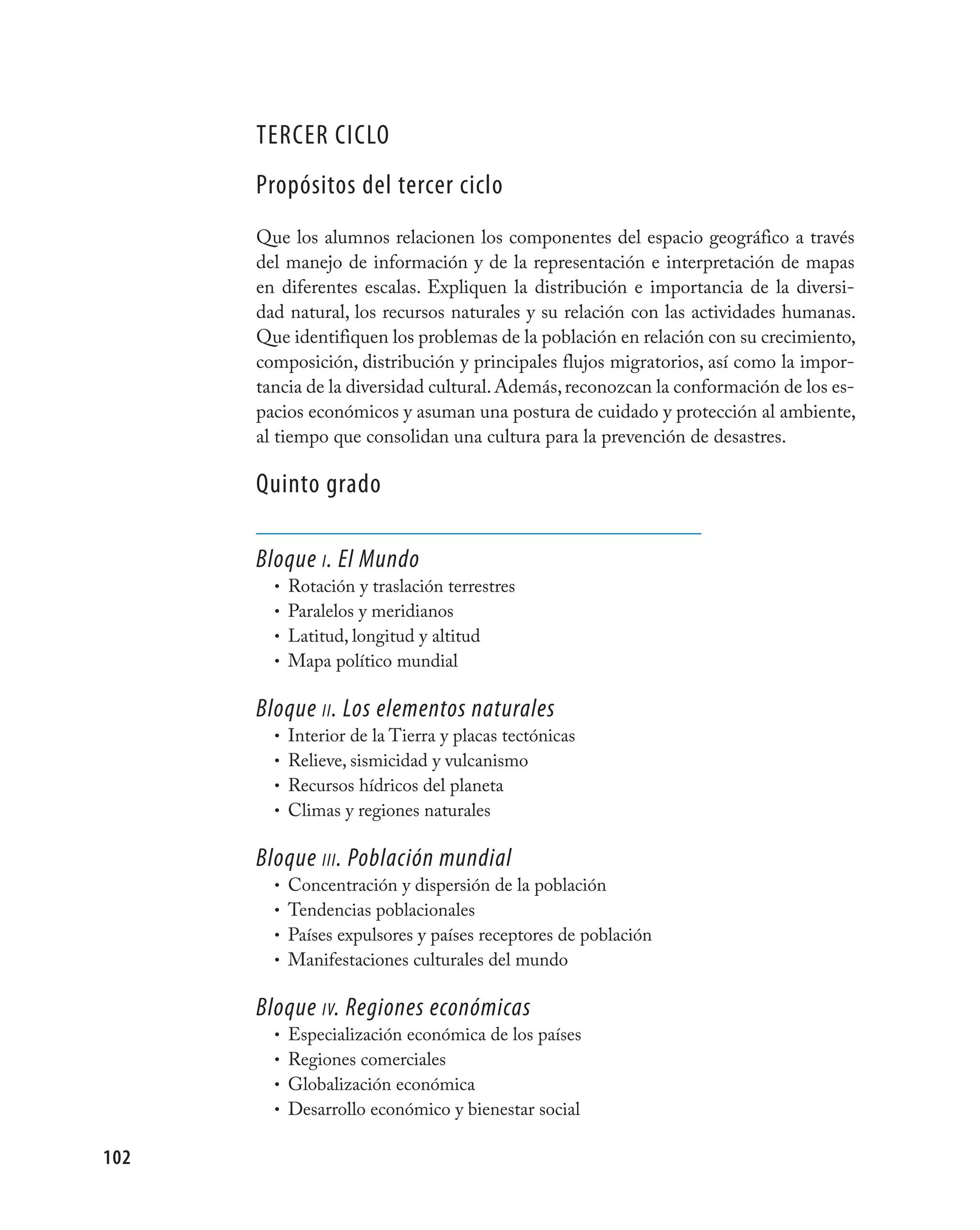 TERCER CICLO
      Propósitos del tercer ciclo
      Que los alumnos relacionen los componentes del espacio geográfico a través
      del manejo de información y de la representación e interpretación de mapas
      en diferentes escalas. Expliquen la distribución e importancia de la diversi-
      dad natural, los recursos naturales y su relación con las actividades humanas.
      Que identifiquen los problemas de la población en relación con su crecimiento,
      composición, distribución y principales flujos migratorios, así como la impor-
      tancia de la diversidad cultural. Además, reconozcan la conformación de los es-
      pacios económicos y asuman una postura de cuidado y protección al ambiente,
      al tiempo que consolidan una cultura para la prevención de desastres.

      Quinto grado

      Bloque i . El Mundo
        • Rotación y traslación terrestres
        • Paralelos y meridianos
        • Latitud, longitud y altitud
        • Mapa político mundial


      Bloque ii . Los elementos naturales
        • Interior de la Tierra y placas tectónicas
        • Relieve, sismicidad y vulcanismo
        • Recursos hídricos del planeta
        • Climas y regiones naturales


      Bloque iii . Población mundial
        • Concentración y dispersión de la población
        • Tendencias poblacionales
        • Países expulsores y países receptores de población
        • Manifestaciones culturales del mundo


      Bloque iv. Regiones económicas
        • Especialización económica de los países
        • Regiones comerciales
        • Globalización económica
        • Desarrollo económico y bienestar social


102
 