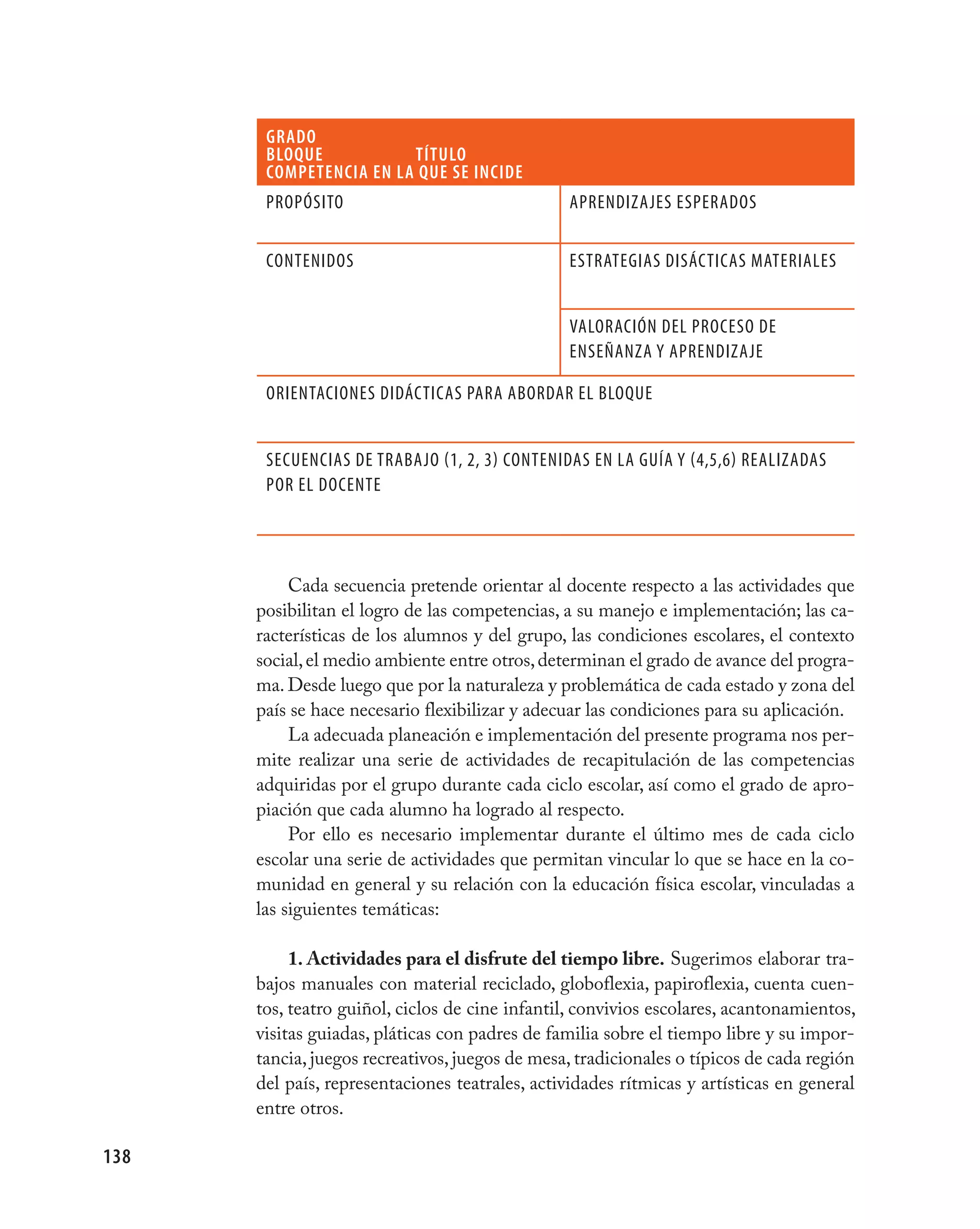 GrADO
       BLOQUE           títULO
       COmpEtENCIA EN LA QUE SE INCIDE
       pROpÓSITO                                ApRENDIZAjES ESpERADOS


       CONTENIDOS                               ESTRATEGIAS DISáCTICAS mATERIALES


                                                vALORACIÓN DEL pROCESO DE
                                                ENSEñANZA y ApRENDIZAjE

       ORIENTACIONES DIDáCTICAS pARA ABORDAR EL BLOQUE


       SECUENCIAS DE TRABAjO (1, 2, 3) CONTENIDAS EN LA GUÍA y (4,5,6) REALIZADAS
       pOR EL DOCENTE




           Cada secuencia pretende orientar al docente respecto a las actividades que
      posibilitan el logro de las competencias, a su manejo e implementación; las ca-
      racterísticas de los alumnos y del grupo, las condiciones escolares, el contexto
      social, el medio ambiente entre otros, determinan el grado de avance del progra-
      ma. Desde luego que por la naturaleza y problemática de cada estado y zona del
      país se hace necesario flexibilizar y adecuar las condiciones para su aplicación.
           La adecuada planeación e implementación del presente programa nos per-
      mite realizar una serie de actividades de recapitulación de las competencias
      adquiridas por el grupo durante cada ciclo escolar, así como el grado de apro-
      piación que cada alumno ha logrado al respecto.
           Por ello es necesario implementar durante el último mes de cada ciclo
      escolar una serie de actividades que permitan vincular lo que se hace en la co-
      munidad en general y su relación con la educación física escolar, vinculadas a
      las siguientes temáticas:

           1. Actividades para el disfrute del tiempo libre. Sugerimos elaborar tra-
      bajos manuales con material reciclado, globoflexia, papiroflexia, cuenta cuen-
      tos, teatro guiñol, ciclos de cine infantil, convivios escolares, acantonamientos,
      visitas guiadas, pláticas con padres de familia sobre el tiempo libre y su impor-
      tancia, juegos recreativos, juegos de mesa, tradicionales o típicos de cada región
      del país, representaciones teatrales, actividades rítmicas y artísticas en general
      entre otros.

138
 