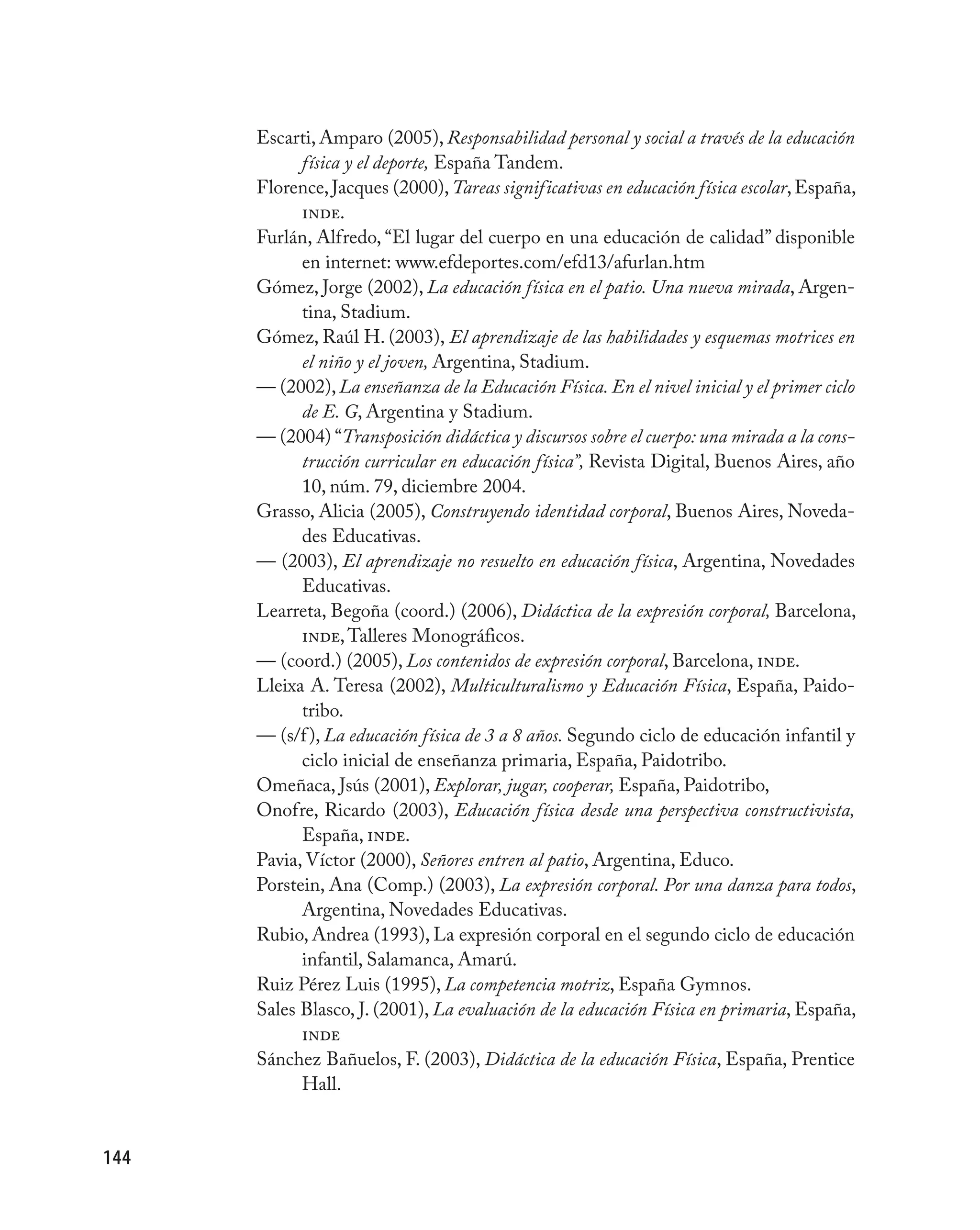 Escarti, Amparo (2005), Responsabilidad personal y social a través de la educación
            física y el deporte, España Tandem.
      Florence, Jacques (2000), Tareas significativas en educación física escolar, España,
            inde.
      Furlán, Alfredo, “El lugar del cuerpo en una educación de calidad” disponible
            en internet: www.efdeportes.com/efd13/afurlan.htm
      Gómez, Jorge (2002), La educación física en el patio. Una nueva mirada, Argen-
            tina, Stadium.
      Gómez, Raúl H. (2003), El aprendizaje de las habilidades y esquemas motrices en
            el niño y el joven, Argentina, Stadium.
      –– (2002), La enseñanza de la Educación Física. En el nivel inicial y el primer ciclo
            de E. G, Argentina y Stadium.
      –– (2004) “Transposición didáctica y discursos sobre el cuerpo: una mirada a la cons-
            trucción curricular en educación física”, Revista Digital, Buenos Aires, año
            10, núm. 79, diciembre 2004.
      Grasso, Alicia (2005), Construyendo identidad corporal, Buenos Aires, Noveda-
            des Educativas.
      –– (2003), El aprendizaje no resuelto en educación física, Argentina, Novedades
            Educativas.
      Learreta, Begoña (coord.) (2006), Didáctica de la expresión corporal, Barcelona,
            inde, Talleres Monográficos.
      –– (coord.) (2005), Los contenidos de expresión corporal, Barcelona, inde.
      Lleixa A. Teresa (2002), Multiculturalismo y Educación Física, España, Paido-
            tribo.
      –– (s/f ), La educación física de 3 a 8 años. Segundo ciclo de educación infantil y
            ciclo inicial de enseñanza primaria, España, Paidotribo.
      Omeñaca, Jsús (2001), Explorar, jugar, cooperar, España, Paidotribo,
      Onofre, Ricardo (2003), Educación física desde una perspectiva constructivista,
            España, inde.
      Pavia, Víctor (2000), Señores entren al patio, Argentina, Educo.
      Porstein, Ana (Comp.) (2003), La expresión corporal. Por una danza para todos,
            Argentina, Novedades Educativas.
      Rubio, Andrea (1993), La expresión corporal en el segundo ciclo de educación
            infantil, Salamanca, Amarú.
      Ruiz Pérez Luis (1995), La competencia motriz, España Gymnos.
      Sales Blasco, J. (2001), La evaluación de la educación Física en primaria, España,
            inde
      Sánchez Bañuelos, F. (2003), Didáctica de la educación Física, España, Prentice
            Hall.


144
 