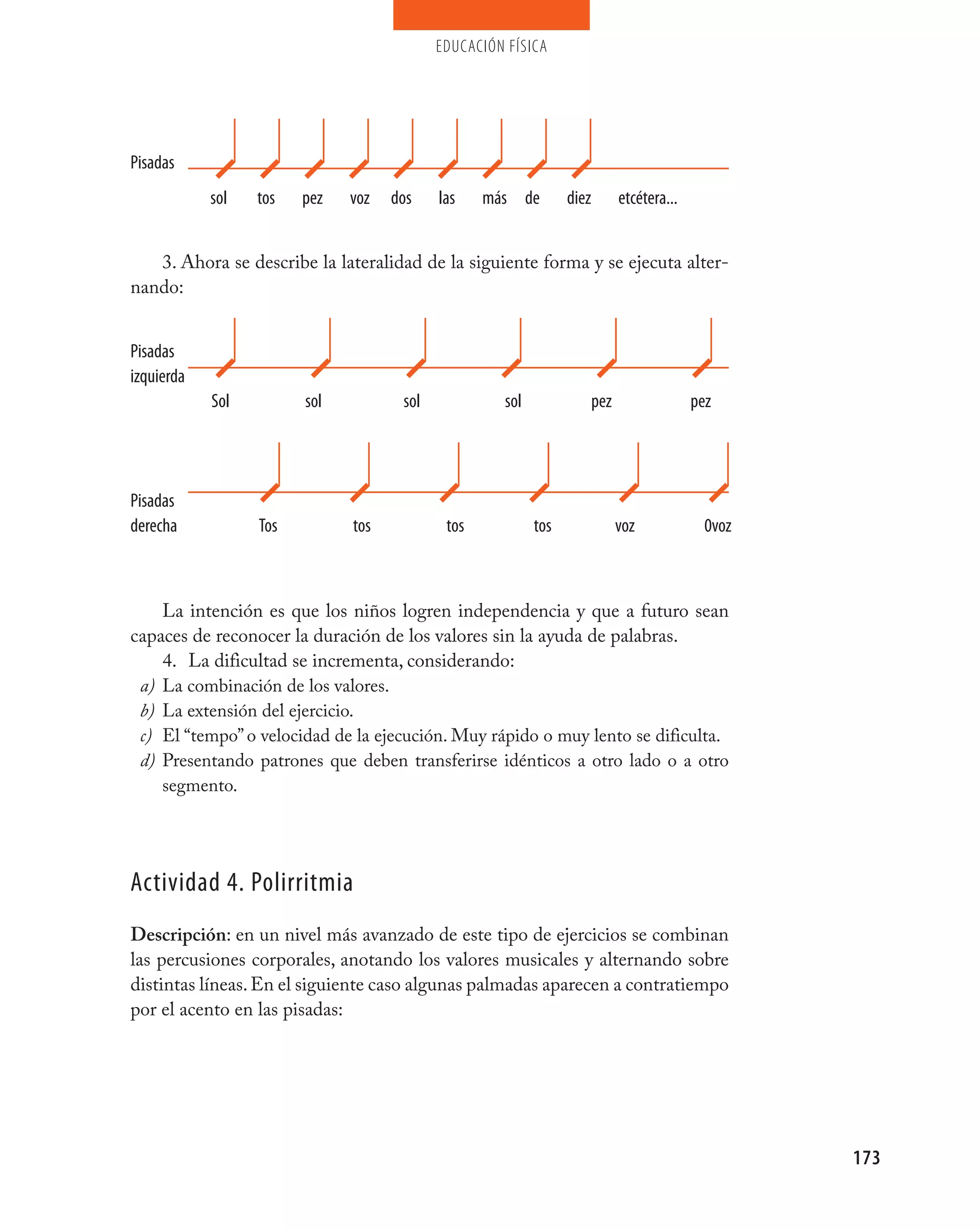 educación física




pisadas
            sol   tos   pez   voz   dos    las    más de        diez         etcétera...


   3. Ahora se describe la lateralidad de la siguiente forma y se ejecuta alter-
nando:


pisadas
izquierda
            Sol         sol          sol            sol                pez                 pez




pisadas
derecha           Tos         tos           tos           tos                voz             0voz



    La intención es que los niños logren independencia y que a futuro sean
capaces de reconocer la duración de los valores sin la ayuda de palabras.
    4. La dificultad se incrementa, considerando:
 a) La combinación de los valores.
 b) La extensión del ejercicio.
 c) El “tempo” o velocidad de la ejecución. Muy rápido o muy lento se dificulta.
 d) Presentando patrones que deben transferirse idénticos a otro lado o a otro
    segmento.




Actividad 4. polirritmia
Descripción: en un nivel más avanzado de este tipo de ejercicios se combinan
las percusiones corporales, anotando los valores musicales y alternando sobre
distintas líneas. En el siguiente caso algunas palmadas aparecen a contratiempo
por el acento en las pisadas:




                                                                                                    173
 