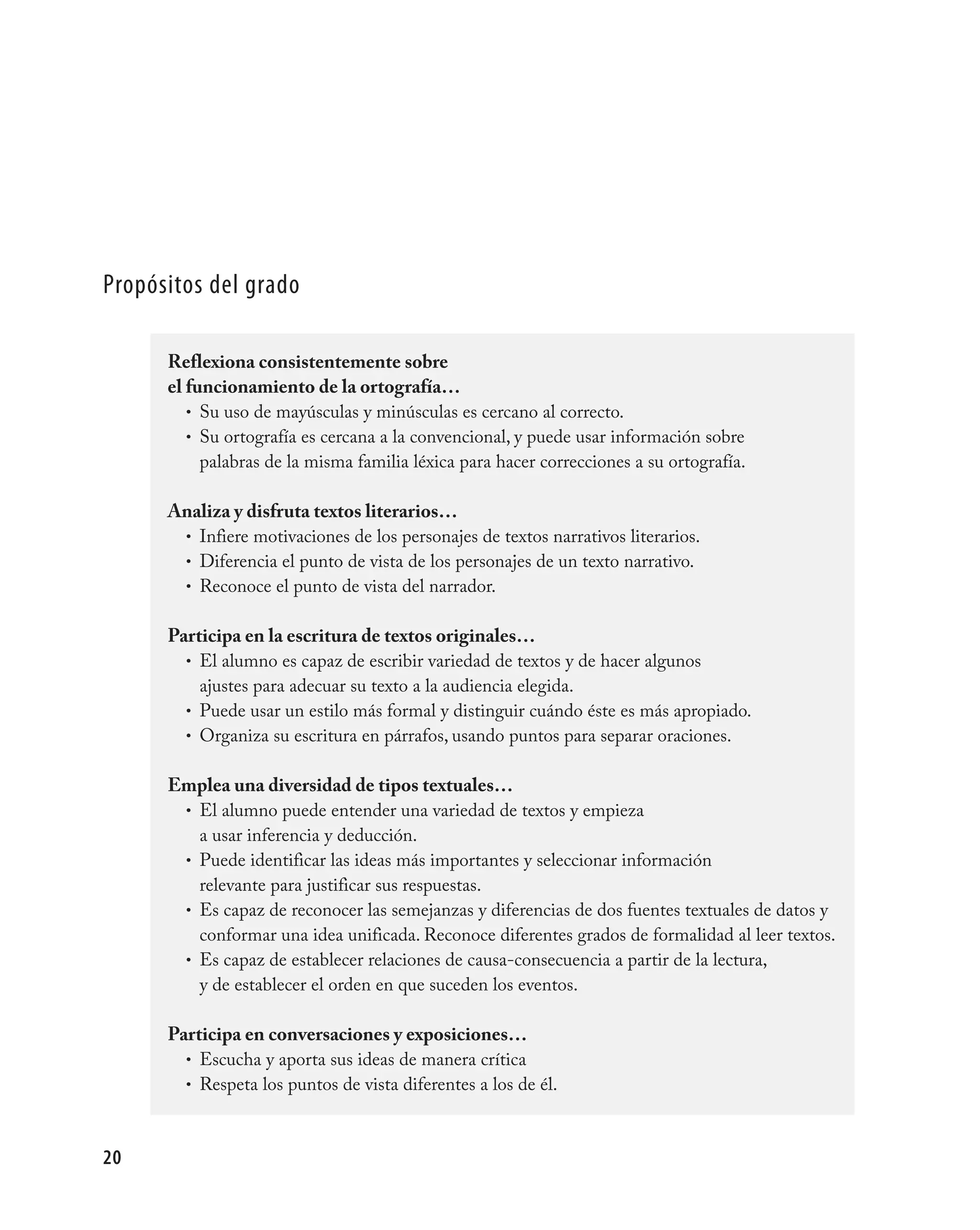 Propósitos del grado

      Reflexiona consistentemente sobre
      el funcionamiento de la ortografía…
         • Su uso de mayúsculas y minúsculas es cercano al correcto.
         • Su ortografía es cercana a la convencional, y puede usar información sobre
           palabras de la misma familia léxica para hacer correcciones a su ortografía.

      Analiza y disfruta textos literarios…
       • Infiere motivaciones de los personajes de textos narrativos literarios.
       • Diferencia el punto de vista de los personajes de un texto narrativo.
       • Reconoce el punto de vista del narrador.


      Participa en la escritura de textos originales…
        • El alumno es capaz de escribir variedad de textos y de hacer algunos
          ajustes para adecuar su texto a la audiencia elegida.
        • Puede usar un estilo más formal y distinguir cuándo éste es más apropiado.
        • Organiza su escritura en párrafos, usando puntos para separar oraciones.


      Emplea una diversidad de tipos textuales…
       • El alumno puede entender una variedad de textos y empieza
         a usar inferencia y deducción.
       • Puede identificar las ideas más importantes y seleccionar información
         relevante para justificar sus respuestas.
       • Es capaz de reconocer las semejanzas y diferencias de dos fuentes textuales de datos y
         conformar una idea unificada. Reconoce diferentes grados de formalidad al leer textos.
       • Es capaz de establecer relaciones de causa-consecuencia a partir de la lectura,
         y de establecer el orden en que suceden los eventos.

      Participa en conversaciones y exposiciones…
        • Escucha y aporta sus ideas de manera crítica
        • Respeta los puntos de vista diferentes a los de él.



20
 