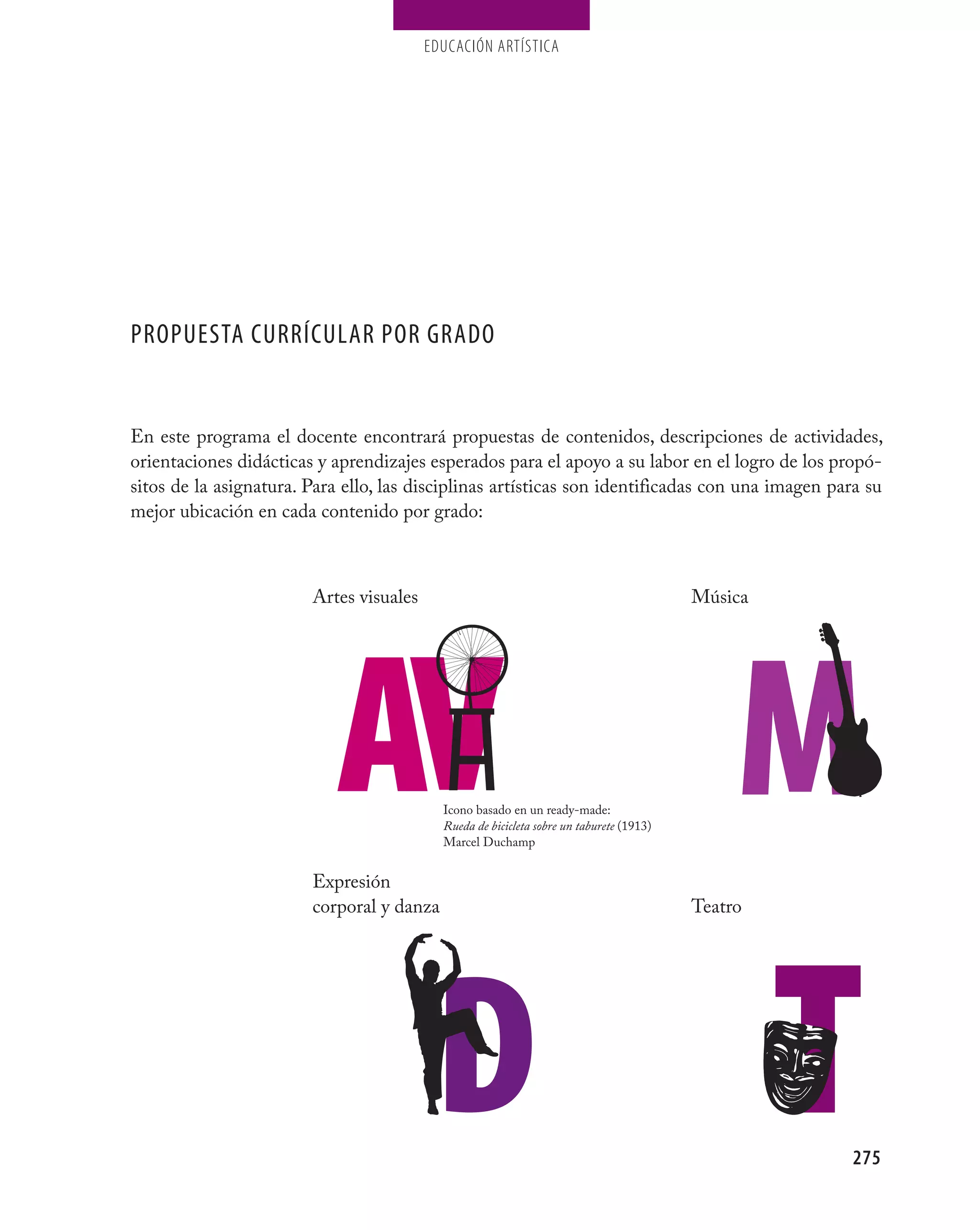 EDUCACIÓN ARTÍSTICA




PROPUESTA CURRÍCULAR POR GRADO


En este programa el docente encontrará propuestas de contenidos, descripciones de actividades,
orientaciones didácticas y aprendizajes esperados para el apoyo a su labor en el logro de los propó-
sitos de la asignatura. Para ello, las disciplinas artísticas son identificadas con una imagen para su
mejor ubicación en cada contenido por grado:



                        Artes visuales                                                   Música




                                           Icono basado en un ready-made:
                                           Rueda de bicicleta sobre un taburete (1913)
                                           Marcel Duchamp


                        Expresión
                        corporal y danza                                                 Teatro




                                                                                                  275
 
