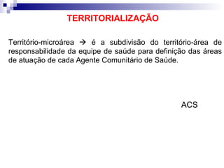 Território-microárea  é a subdivisão do território-área de
responsabilidade da equipe de saúde para definição das áreas
de atuação de cada Agente Comunitário de Saúde.
TERRITORIALIZAÇÃO
ACS
 