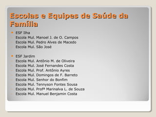 Escolas e Equipes de Saúde daEscolas e Equipes de Saúde da
FamíliaFamília
 ESF Ilha
- Escola Mul. Manoel J. de O. Campos
- Escola Mul. Pedro Alves de Macedo
- Escola Mul. São José
 ESF Jardim
- Escola Mul. Antônio M. de Oliveira
- Escola Mul. José Fernandes Costa
- Escola Mul. Prof. Antônio Ayres
- Escola Mul. Domingos de F. Barreto
- Escola Mul. Senhor do Bonfim
- Escola Mul. Tennyson Fontes Sousa
- Escola Mul. Profª Marinalva L. de Souza
- Escola Mul. Manuel Benjamin Costa
 