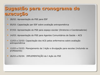 Sugestão para cronograma deSugestão para cronograma de
execuçãoexecução
 28/02: Apresentação do PSE para ESF
 05/03: Capacitação par ESF sobre avaliação antropométrica
 07/03: Apresentação do PSE para espaço escolar (Diretores e Coordenadores)
 14/03: Apresentação do PSE para Agentes Comunitários de Saúde – ACS
 12/03 a 23/03: Capacitação dos ACS pelos enfermeiros sobre avaliação
antropométrica
 12/03 a 23/03: Planejamento da I Ação e divulgação para escolas (incluindo os
professores)
 26/03 a 05/04: IMPLEMENTAÇÃO da I Ação do PSE
 