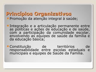Princípios OrganizativosPrincípios Organizativos
Promoção da atenção integral à saúde;
Integração e a articulação permanente entre
as políticas e ações de educação e de saúde,
com a participação da comunidade escolar,
envolvendo as equipes de saúde da família e
da educação básica;
Constituição de territórios de
responsabilidade entre escolas estaduais e
municipais e equipes de Saúde da Família.
 