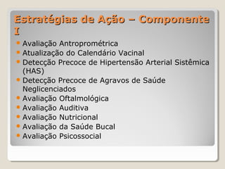 Estratégias de Ação – ComponenteEstratégias de Ação – Componente
II
Avaliação Antroprométrica
Atualização do Calendário Vacinal
Detecção Precoce de Hipertensão Arterial Sistêmica
(HAS)
Detecção Precoce de Agravos de Saúde
Neglicenciados
Avaliação Oftalmológica
Avaliação Auditiva
Avaliação Nutricional
Avaliação da Saúde Bucal
Avaliação Psicossocial
 