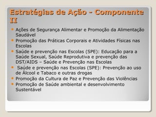 Estratégias de Ação - ComponenteEstratégias de Ação - Componente
IIII
 Ações de Segurança Alimentar e Promoção da Alimentação
Saudável
 Promoção das Práticas Corporais e Atividades Físicas nas
Escolas
 Saúde e prevenção nas Escolas (SPE): Educação para a
Saúde Sexual, Saúde Reprodutiva e prevenção das
DST/AIDS – Saúde e Prevenção nas Escolas
 Saúde e prevenção nas Escolas (SPE): Prevenção ao uso
de Álcool e Tabaco e outras drogas
 Promoção da Cultura de Paz e Prevenção das Violências
 Promoção de Saúde ambiental e desenvolvimento
Sustentável
 