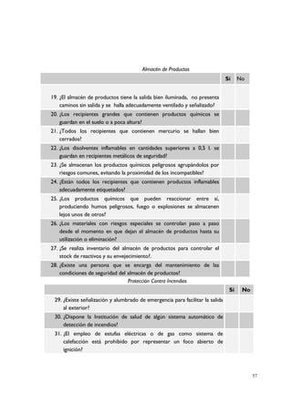 Almacén de Productos
                                                                               Sí    No


19. ¿El almacén de productos tiene la salida bien iluminada, no presenta
    caminos sin salida y se halla adecuadamente ventilado y señalizado?
20. ¿Los recipientes grandes que contienen productos químicos se
    guardan en el suelo o a poca altura?
21. ¿Todos los recipientes que contienen mercurio se hallan bien
    cerrados?
22. ¿Los disolventes inflamables en cantidades superiores a 0,5 l. se
    guardan en recipientes metálicos de seguridad?
23. ¿Se almacenan los productos químicos peligrosos agrupándolos por
    riesgos comunes, evitando la proximidad de los incompatibles?
24. ¿Están todos los recipientes que contienen productos inflamables
    adecuadamente etiquetados?
25. ¿Los productos químicos que pueden reaccionar entre sí,
    produciendo humos peligrosos, fuego o explosiones se almacenen
    lejos unos de otros?
26. ¿Los materiales con riesgos especiales se controlan paso a paso
    desde el momento en que dejan el almacén de productos hasta su
    utilización o eliminación?
27. ¿Se realiza inventario del almacén de productos para controlar el
    stock de reactivos y su envejecimiento?.
28. ¿Existe una persona que se encarga del mantenimiento de las
    condiciones de seguridad del almacén de productos?
                                 Protección Contra Incendios
                                                                                Sí    No
 29. ¿Existe señalización y alumbrado de emergencia para facilitar la salida
     al exterior?
 30. ¿Dispone la Institución de salud de algún sistema automático de
     detección de incendios?
 31. ¿El empleo de estufas eléctricas o de gas como sistema de
     calefacción está prohibido por representar un foco abierto de
     ignición?



                                                                                           57
 