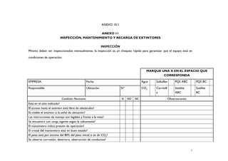 ANEXO 10.1

                                            ANEXO 11
                        INSPECCIÓN, MANTENIMIENTO Y RECARGA DE EXTINTORES

                                                   INSPECCIÓN
Mínimo deben ser inspeccionados mensualmente, la inspección es un chequeo rápido para garantizar que el equipo está en

condiciones de operación.



                                                                                           MARQUE UNA X EN EL ESPACIO QUE
                                                                                                   CORRESPONDA

EMPRESA:                                       Fecha:                                   Agua   Solkaflan        PQS ABC        PQS BC

Responsable:                                   Ubicación:                N°             CO2    Carretill        Satélite       Satélite
                                                                                               a                ABC            BC

                         Condición Necesaria                             SI   NO   NC                      Observaciones
Está en el sitio indicado?
El acceso hasta el extintor está libre de obstáculos?
Es visible el extintor o la señal de ubicación?
Las instrucciones de manejo son legibles y frente a la vista?
Se encuentra con carga vigente según la calcomanía?
El manómetro indica presión de operación?
El cristal del manómetro está en buen estado?
El peso está por encima del 80% del peso inicial si es de CO2?
Se observa corrosión, deterioro, obstrucción de conductos?


                                                                                                                           1
 