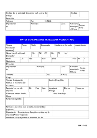 Código de la actividad Económica del centro de                                            Código:
trabajo
Dirección
Teléfono                    Fax              E-MAIL
Departamen                  Municipio                                          Zona      Cabecera
                                                                                                   Resto -
to                                                                                       municipal
                                                                                                   Rural
                                                                                         - Urbana




                 DATOS GENERALES DEL TRABAJADOR ACCIDENTADO

Tipo de             Planta     Misión           Cooperado             Estudiante o Aprendiz    Independiente
Vinculación
Nombre
No de identificación del           Nit         CC     CE         NU       PA      No
Empleador
Fecha              Día       Mes                    Año          Edad                         Sexo M       F
Nacimiento
Dirección
Departamen                               Municipio                             Zona      Cabecera
                                                                                                     Resto -
to                                                                                       municipal -
                                                                                                     Rural
                                                                                         Urbana
Teléfono                                                   Fax                 E-MAIL
Cargo
Tiempo de ocupación                                          Código Ocup. Hab.
habitual al momento del
accidente
Fecha de Ingreso a la        Día         Mes        Año      Jornada de        Diurno           Nocturno
empresa                                                      Trabajo
Centro de trabajo donde                                           Área de trabajo
labora
Funciones asignadas



Formación especifica para la realización del trabajo
(registros)
Capacitación y Entrenamiento Especifico recibido por la
empresa (Anexar registros)
Listado de EPP que portaba al momento del AT



                                                                                                    SPM – F – 03
 