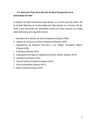 4.6 Ubicación Física de la Sección de Salud Ocupacional de la
Universidad del Valle
La Sección de Salud Ocupacional está ubicada en el cuarto piso del edificio 381
en la Sede Meléndez de la Universidad del Valle ubicada en la Carrera 100 No.
13-00 y para desarrollar sus actividades cuenta con nueve espacios, los cuales
están distribuidos de la siguiente manera:
1. Secretaría de la Sección de Salud Ocupacional (Espacio 4002).
2. Jefatura de la Sección de Salud Ocupacional (Espacio 4007)
3. Subprograma de Medicina Preventiva y del Trabajo. Consultorio Médico.
(Espacio 4009):
4. Enfermería (Espacio 4010):
5. Subprograma de Higiene y Seguridad Industrial. Oficina. (Espacio 4014 )
6. Laboratorista (Espacio 4015)
7. Área de Práctica Académica (Espacio 4016)
8. Área de Estadística (Espacio 4017).
9. Batería Sanitaria (Espacio 4019
22
 