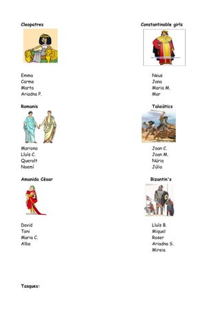 Cleopatres Constantinoble girls
Emma Neus
Carme Jana
Marta Maria M.
Ariadna P. Mar
Romanis Talaiòtics
Mariona Joan C.
Lluís C. Joan M.
Queralt Núria
Noemí Júlia
Amanida Cèsar Bizantin's
David Lluís B.
Toni Miquel
Maria C. Roser
Alba Ariadna S.
Mireia
Tasques:
 