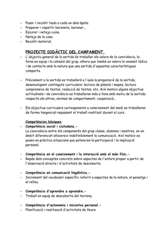 • Posar i recollir taula a cada un dels àpats.
• Preparar i repartir bereneta, berenar...
• Escurar i neteja cuina.
• Neteja de la casa.
• Recollir material.
PROJECTE DIDÀCTIC DEL CAMPAMENT
• L'objectiu general de la sortida és treballar els valors de la convivència, la
feina en equip i la cohesió del grup, alhora que també es valora la vessant lúdica
i de contacte amb la natura que una sortida d'aquestes característiques
comporta.
• Prèviament a la sortida es treballarà a l'aula la preparació de la sortida,
desenvolupant continguts curriculars: lectura de plànols i mapes, lectura
comprensiva de textos, redacció de textos, etc. Així mateix alguns objectius
actitudinals i de convivència es treballaran més a fons amb motiu de la sortida:
respecte als altres, normes de comportament, cooperació...
• Els objectius curriculars corresponents a coneixement del medi es treballaran
de forma tangencial repassant el treball realitzat durant el curs.
Competències bàsiques
• Competència social i ciutadana.-
La convivència entre els components del grup classe, alumnes i mestres, en un
àmbit diferenciat afavoreix indefiniblement la comunicació. Així mateix es
posen en pràctica situacions que potencien la participació i la implicació
personal.
• Competència en el coneixement i la interacció amb el món físic.-
• Repàs dels conceptes concrets sobre aspectes de l'entorn proper a partir de
l'observació directa i d'activitats de descoberta.
• Competència en comunicació lingüística.-
• Increment del vocabulari específic referit a aspectes de la natura, el paisatge i
el relleu.
• Competència d'aprendre a aprendre.-
• Treball en equip de descoberta del terreny.
• Competència d'autonomia i iniciativa personal.-
• Planificació i realització d'activitats de lleure.
 