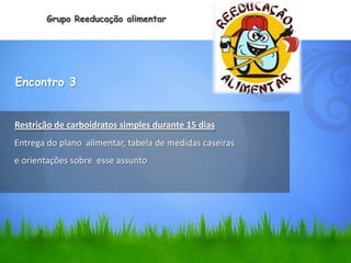 Grupo Reeducação alimentar




Encontro 3


Restrição de carboidratos simples durante 15 dias
Entrega do plano alimentar, tabela de medidas caseiras
e orientações sobre esse assunto
 