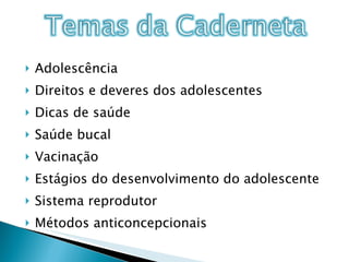 Adolescência Direitos e deveres dos adolescentes Dicas de saúde Saúde bucal Vacinação Estágios do desenvolvimento do adolescente Sistema reprodutor Métodos anticoncepcionais 