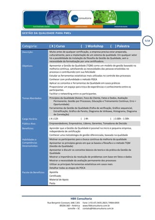 GESTÃO DA QUALIDADE PARA PMEs

                                                                                                               5/14

Categoria:                ( X ) Curso                       ( X ) Workshop               ( X ) Palestra
Descrição:                Muito antes de qualquer certificação, a empresa precisa estar preparada,
                          culturalmente, para a implantação de um sistema da qualidade. Em qualquer setor
                          há a possibilidade da instalação da filosofia da Gestão da Qualidade, sem a
                          necessidade da formalização por uma certificadora.
Objetivos:                Apresentar a Gestão da Qualidade (TQM) como um modelo de gestão baseado na
                          melhoria contínua, satisfazendo as necessidades das pessoas envolvidas no
                          processo e contribuindo com sua felicidade
                          Estudar as ferramentas estatísticas mais utilizadas no controle dos processos
                          Conhecer com profundidade o método PDCA
                          Aplicar os conceitos e ferramentas da Qualidade em casos práticos
                          Proporcionar um espaço para troca de experiências e conhecimento entre os
                          participantes.
                          Facilitar o networking entre os participantes.
Temas Abordados:          Princípios da Qualidade (Kaizen, Foco do Cliente, Fatos e Dados, Avaliação
                              Permanente, Gestão por Processos, Educação e Treinamento Contínuo, Erro =
                              Oportunidade)
                          Ferramentas da Gestão da Qualidade (Folha de verificação, Gráfico sequencial,
                              Estratificação, Gráfico de Pareto, Diagrama de Ishikawa, Histograma, Diagrama
                              de Correlação)
Carga Horária:            ( X ) 12h                         ( X ) 4h                     ( X ) 1:00h - 1:30h
Público Alvo:             Empreendedores, Empresários, Líderes, Gerentes, Tomadores de Decisão
Benefícios:               Aprender que a Gestão da Qualidade é possível na micro e pequena empresa,
                          independente de certificação
                          Conhecer uma metodologia de gestão diferenciada, baseada na qualidade
Habilidades e             Motivar os participantes para a busca contínua da melhoria da qualidade
Competências              Apresentar os princípios gerais em que se baseia a filosofia e o método TQM
Desenvolvidas:            (Gestão da Qualidade)
                          Apresentar e discutir os conceitos básicos da teoria e da prática da Gestão da
                          Qualidade
                          Mostrar a importância da resolução de problemas com base em fatos e dados
                          Mostrar a necessidade da avaliação permanente dos processos
                          Utilizar as principais ferramentas estatísticas em casos reais
                          Detalhar todas as etapas do PDCA
Pacote de Benefícios:     Apostila
                          Certificado
                          Material de Apoio
                          Pasta




                                               HBK Consultoria
                        Rua Benjamin Constant, 648 / 201      Fone: (+55.47) 3435.2823 / 9904.6959
                                   89204.360 – América        www.hbkconsultoria.com.br
                                           Joinville – SC     contato@hbkconsultoria.com.br
 