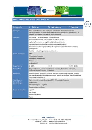 BMG – GERAÇÃO DE MODELOS DE NEGÓCIOS

                                                                                                                 8/14

Categoria:                ( X ) Curso                       ( X ) Workshop                 ( X ) Palestra
Descrição:                Uma das melhores e mais avançadas ferramentas desenvolvidas para o
                          desenvolvimento de Planejamentos Estratégicos, proporciona visão holística do
                          negócio em uma tela com 9 espaços pré-definidos.
Objetivos:                Apresentar a ferramenta BMG completamente.
                          Exercitar a ferramenta com base em um estudo de caso.
                          Aplicar a ferramenta no negócio próprio do participante.
                          Esclarecer dúvidas com relação às estratégias empresariais.
                          Proporcionar um espaço para troca de experiências e conhecimento entre os
                          participantes.
                          Facilitar o networking entre os participantes.
Temas Abordados:          BMG
                          Modelos de Negócios
                          Estratégias Empresariais
                          Oceano Azul
                          Análise SWOT
Carga Horária:            ( X ) 12h                         ( X ) 4h                       ( X ) 1:00h - 1:30h
Público Alvo:             Empreendedores, Empresários, Líderes, Gerentes, Tomadores de Decisão,
                          Administradores, Gestores, Acadêmicos
Benefícios:               Esta ferramenta possibilita visualizar, em uma folha de papel, todas as variáveis
                          pertinentes a uma organização ou negócio, pontos de melhoria, oportunidades de
                          mercado e muitas outras.
Habilidades e             Conhecimento aprofundado sobre BMG (Modelos de Negócios)
Competências              Visão holística
Desenvolvidas:
                          Olhar crítico para o negócio
                          Busca de oportunidades
Pacote de Benefícios:     Apostila
                          Certificado
                          Material de Apoio
                          Pasta




                                               HBK Consultoria
                        Rua Benjamin Constant, 648 / 201      Fone: (+55.47) 3435.2823 / 9904.6959
                                   89204.360 – América        www.hbkconsultoria.com.br
                                           Joinville – SC     contato@hbkconsultoria.com.br
 