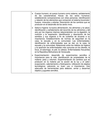 47 
ación 
y relación de los elementos que componen el sistema locomotor: 
úsculos y arterias. Descripción de los cambios que se 
en el desarrollo de los seres vivos. 
• 
• Cuerpo humano:el cuerpo humano como sistema, señalamiento de las características físicas de los seres humanos: estableciendo comparaciones con otras personas. identific 
huesos, mproducen 
• Salud e higiene: la buena alimentación, los alimentos y la salud, identificación y señalamiento del recorrido de los alimentos y del aire por los órganos internos relacionándolo con la digestión, la nutrición y la respiración. Identificación y descripción de los sentidos y sus órganos a fin de cuidarlos de acuerdo a su importancia. Establecimiento de normas de seguridad en la casa, la escuela y en la comunidad. Las enfermedades: identificación de enfermedades que se dan en la casa, la escuela y la comunidad, Relaciones entre los hábitos de higiene y la aparición de enfermedades más comunes en los dientes, la boca, el estomago, la piel, la cabeza. Enfermedades frecuentes en la República Bolivariana de Venezuela. Experimentación:desarrollo de experimentos sencillos e importancia para la vida: identificación de propiedades de la materia: peso y volumen. Experimentación de cambios que se producen en la materia por la acción de la luz y el calor: evaporación, calentamiento y fototropismo. Utilización de objetos tecnológicos valorando su buen uso e importancia. Uso adecuado de herramientas para elaborar, armar y desarmar objetos y juguetes sencillos.  