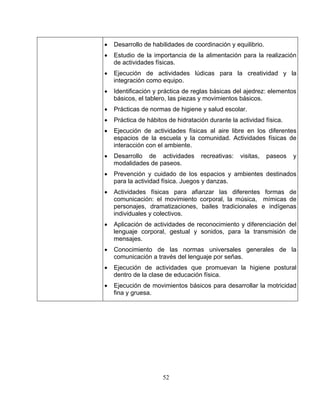 52 
• Desarrollo de habilidades de coordinación y equilibrio. 
Identificación y práctica de reglas básicas del ajedrez: elementos 
• Práctica de hábitos de hidratación durante la actividad física. 
idades físicas al aire libre en los diferentes 
físicas de 
• 
• 
• Estudio de la importancia de la alimentación para la realización de actividades físicas. • Ejecución de actividades lúdicas para la creatividad y la integración como equipo. • 
básicos, el tablero, las piezas y movimientos básicos. • Prácticas de normas de higiene y salud escolar. 
• Ejecución de activ 
espaciosde la escuela y la comunidad. Actividades 
interacción con el ambiente. Desarrollo de actividades recreativas: visitas, paseos y modalidades de paseos. 
• Prevención y cuidado de los espacios y ambientes destinados 
para la actividad física. Juegos y danzas. Actividad 
comunicación: el movimiento corporal, la música, personajes, dramatizaciones, bailes tradicionales 
e indígenas individuales y colectivos. 
• Aplicación de actividades de reconocimiento y diferenciación del lenguaje corporal, gestual y sonidos, para la transmisión de mensaje 
Conocimiento de las normas universales generales de la 
comunicación a través del lenguaje por señas. Ejecución de actividades qu 
dentro de la clase de educación física. Ejecución  
