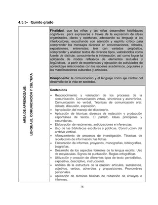 78 
4.5.5- Quinto g d 
rao 
Finalidad: que los niños y las niñas desarrollen habilidades cognitivas para expresars 
organizadas, claras y oportunas, adecuando su lenguaje a los interlocutores, escuchando con 
comprender los mensajes diversos en conversaciones, d exposiciones, entrevistas; leer con variados pro 
pósitos, comprender y analizar textos de diversos tipos, valorándolos como fuente de disfrute, conocimiento e 
aplicación de modos reflexivos de elementos textuales y lingüísticos, a partir de experiencias y ejecución de actividades de aprendizaje relacionadas con los saberes ac 
las manifestaciones culturales y artísticas. 
Componente: la comunicación y el lenguaje com 
desarrollo de la vida en sociedad. 
Contenidos 
• Reconocimiento y valora 
comunicación. Comunicación virtual, sincrónica y asincrónica. Comunicación no verbal. Técnicas de comunicación oral: debate, discusión, expo 
• Apropiación del manejo del dicciona  