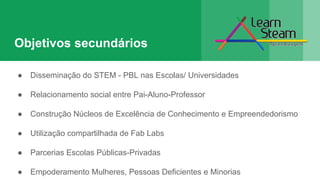 Objetivos secundários
● Disseminação do STEM - PBL nas Escolas/ Universidades
● Relacionamento social entre Pai-Aluno-Professor
● Construção Núcleos de Excelência de Conhecimento e Empreendedorismo
● Utilização compartilhada de Fab Labs
● Parcerias Escolas Públicas-Privadas
● Empoderamento Mulheres, Pessoas Deficientes e Minorias
 
