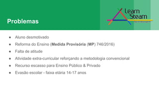 Problemas
● Aluno desmotivado
● Reforma do Ensino (Medida Provisória (MP) 746/2016)
● Falta de atitude
● Atividade extra-curricular reforçando a metodologia convencional
● Recurso escasso para Ensino Público & Privado
● Evasão escolar - faixa etária 14-17 anos
 
