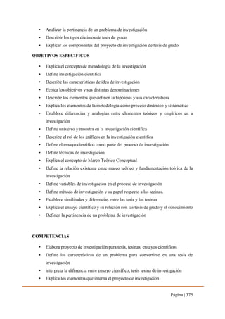 Página | 375
• Analizar la pertinencia de un problema de investigación
• Describir los tipos distintos de tesis de grado
• Explicar los componentes del proyecto de investigación de tesis de grado
OBJETIVOS ESPECIFICOS
• Explica el concepto de metodología de la investigación
• Define investigación científica
• Describe las características de idea de investigación
• Ecoica los objetivos y sus distintas denominaciones
• Describe los elementos que definen la hipótesis y sus características
• Explica los elementos de la metodología como proceso dinámico y sistemático
• Establece diferencias y analogías entre elementos teóricos y empíricos en a
investigación
• Define universo y muestra en la investigación científica
• Describe el rol de los gráficos en la investigación científica
• Define el ensayo científico como parte del proceso de investigación.
• Define técnicas de investigación
• Explica el concepto de Marco Teórico Conceptual
• Define la relación existente entre marco teórico y fundamentación teórica de la
investigación
• Define variables de investigación en el proceso de investigación
• Define método de investigación y su papel respecto a las tecinas.
• Establece similitudes y diferencias entre las tesis y las tesinas
• Explica el ensayo científico y su relación con las tesis de grado y el conocimiento
• Definen la pertinencia de un problema de investigación
COMPETENCIAS
• Elabora proyecto de investigación para tesis, tesinas, ensayos científicos
• Define las características de un problema para convertirse en una tesis de
investigación
• interpreta la diferencia entre ensayo científico, tesis tesina de investigación
• Explica los elementos que interna el proyecto de investigación
 
