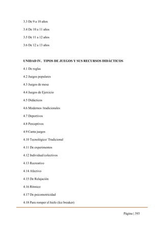 Página | 393
3.3 De 9 a 10 años
3.4 De 10 a 11 años
3.5 De 11 a 12 años
3.6 De 12 a 13 años
UNIDAD IV. TIPOS DE JUEGOS Y SUS RECURSOS DIDÁCTICOS
4.1 De reglas
4.2 Juegos populares
4.3 Juegos de mesa
4.4 Juegos de Ejercicio
4.5 Didácticos
4.6 Modernos /tradicionales
4.7 Deportivos
4.8 Perceptivos
4.9 Canta juegos
4.10 Tecnológico/ Tradicional
4.11 De experimentos
4.12 Individual/colectivos
4.13 Recreativo
4.14 Afectivo
4.15 De Relajación
4.16 Rítmico
4.17 De psicomotricidad
4.18 Para romper el hielo (Ice breaker)
 