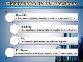 Generales
• Se limitan a un enunciado genérico de los procedimientos de auditoría
Analíticos
• Son aquellos que describen la forma de aplicar los procedimientos
Tipo
• Enumeran los procedimientos de auditoría a seguirse
Por Áreas
• Se preparan para la revisión de cada una de las funciones de la empresa
 