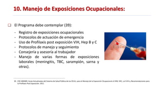 10. Manejo de Exposiciones Ocupacionales:
39. CDC-MMWR. Guías Actualizadas del Sistema de Salud Pública de los EEUU, para el Manejo de la Exposición Ocupacional al VHB, VHC, y el VIH y, Recomendaciones para
la Profilaxis Post Exposición. 2011
El Programa debe contemplar (39):
- Registro de exposiciones ocupacionales
- Protocolos de actuación de emergencia
- Uso de Profilaxis post exposición VIH, Hep B y C
- Protocolos de manejo y seguimiento
- Consejería y asesoría al trabajador
- Manejo de varias formas de exposiciones
laborales (meningitis, TBC, sarampión, sarna y
otras).
 