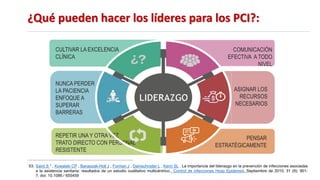 ¿Qué pueden hacer los líderes para los PCI?:
CULTIVAR LA EXCELENCIA
CLÍNICA
REPETIR UNA Y OTRA VEZ
TRATO DIRECTO CON PERSONAL
RESISTENTE
NUNCA PERDER
LA PACIENCIA
ENFOQUE A
SUPERAR
BARRERAS
ASIGNAR LOS
RECURSOS
NECESARIOS
COMUNICACIÓN
EFECTIVA A TODO
NIVEL
LIDERAZGO
PENSAR
ESTRATÉGICAMENTE
53. Saint S 1 , Kowalski CP , Banaszak-Holl J , Forman J , Damschroder L , Kerin SL . La importancia del liderazgo en la prevención de infecciones asociadas
a la asistencia sanitaria: resultados de un estudio cualitativo multicéntrico.. Control de infecciones Hosp Epidemiol. Septiembre de 2010; 31 (9): 901-
7. doi: 10.1086 / 655459
 