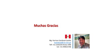 Muchas Gracias
Mg. Harrison Sandoval Castillo
hsandoval@crp.com.pe
Telf: +51-2242224 Anexo 1496
Cel: +51-994615706
 